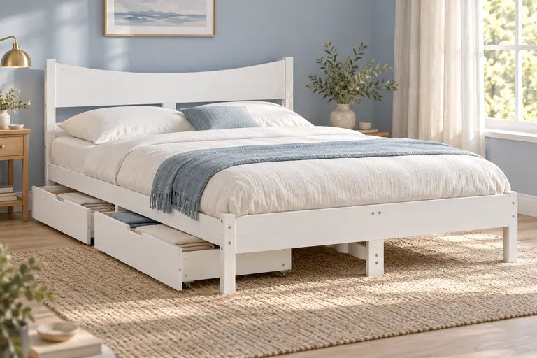 Cadre de Lit en Bois de Pin Massif avec 2 Tiroirs – Blanc 160×200 cm