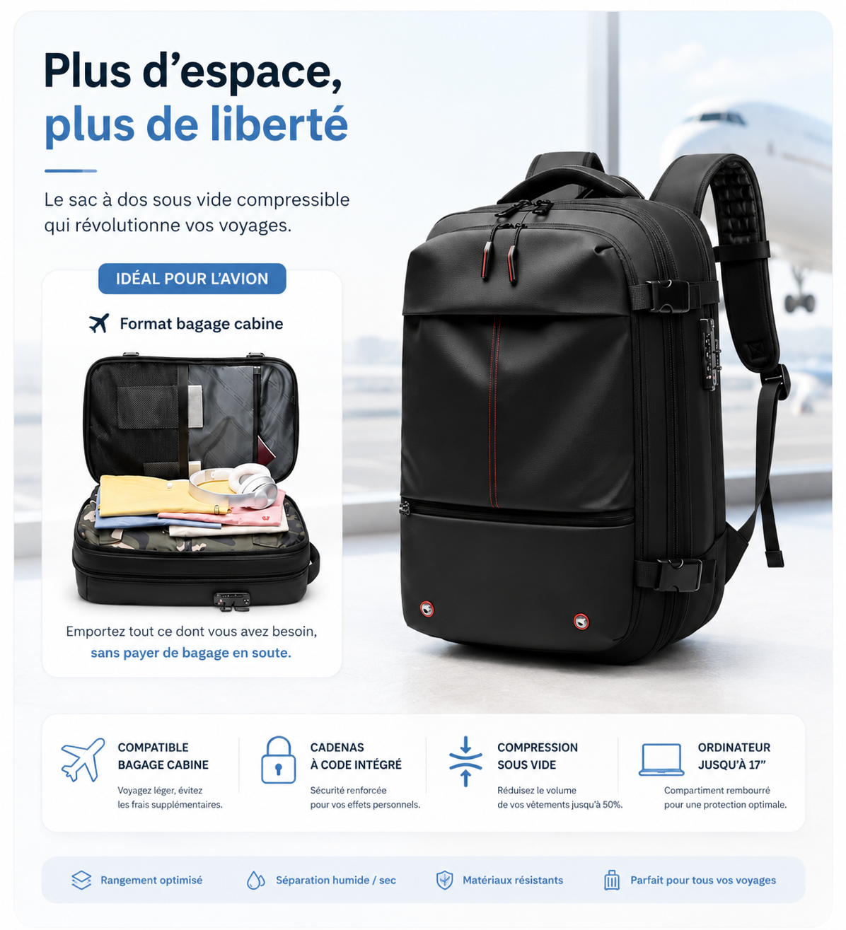 Sac à dos compressible 55L avec compartiment sous vide