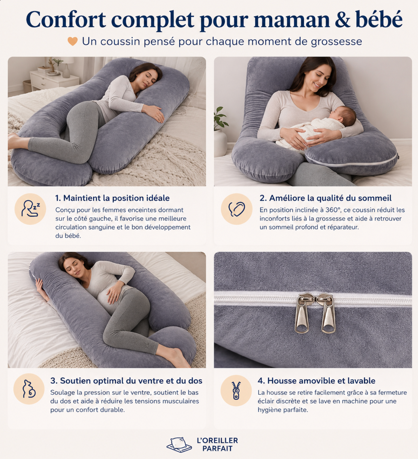 Coussin de grossesse et d'allaitement : position idéale, sommeil, soutien du ventre, housse lavable
