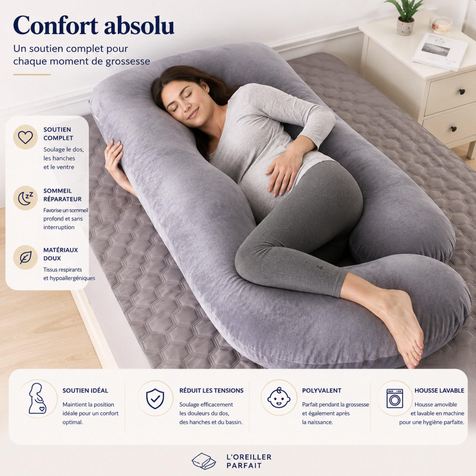 Coussin de grossesse forme U gris - femme enceinte dormant confortablement, soutien complet du corps