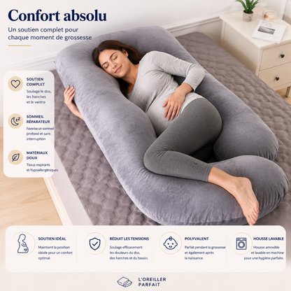 Coussin de grossesse forme U gris - femme enceinte dormant confortablement, soutien complet du corps