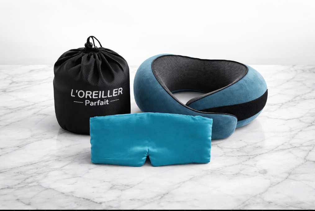 Oreiller de Voyage Ergonomique Mémoire de Forme + Masque de Nuit en Soie - Kit Sommeil Voyage