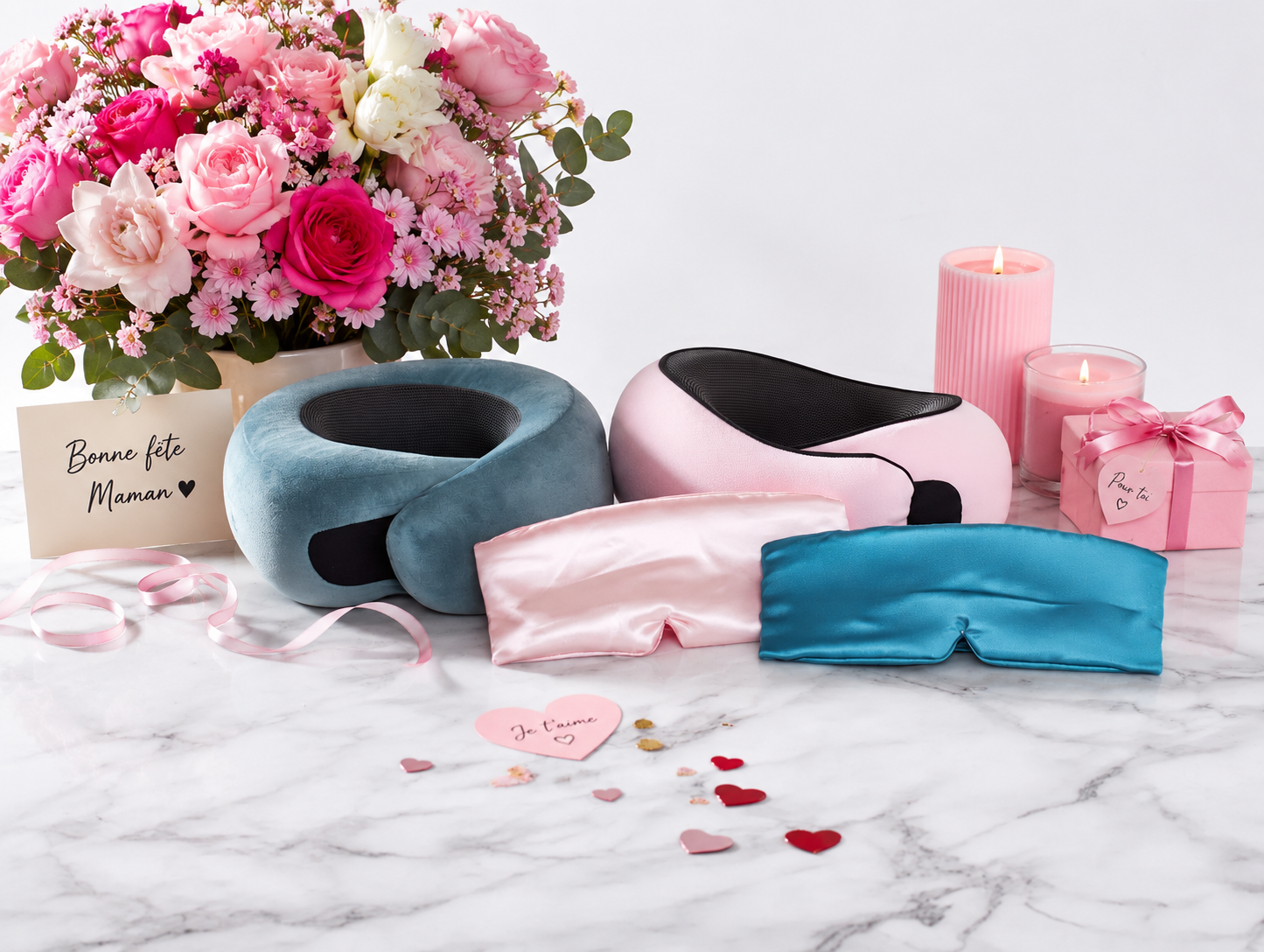 Pack Voyage - Oreiller de Voyage Ergonomique + Masque de Nuit en Satin