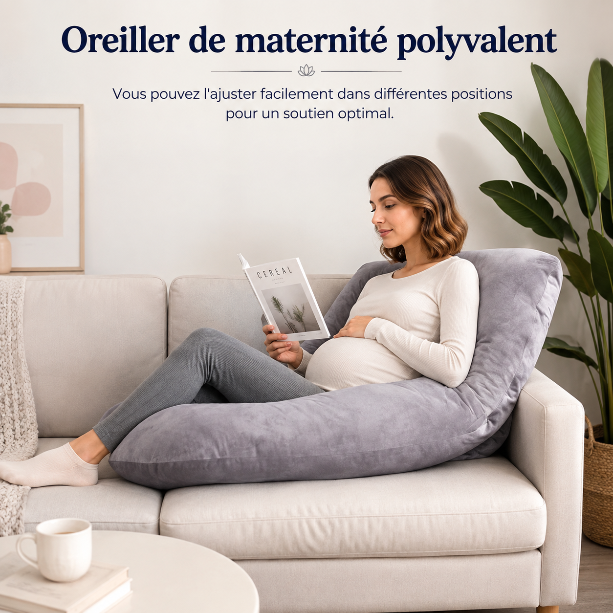 Coussin de maternité polyvalent - future maman lisant confortablement sur le canapé