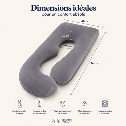 Dimensions du coussin de grossesse forme U : 145 x 70 cm, ouverture intérieure 20 cm