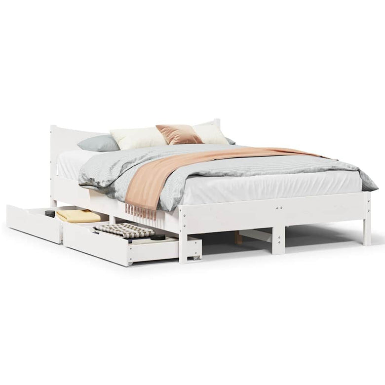 Cadre de lit pin massif blanc avec 2 tiroirs 160x200
