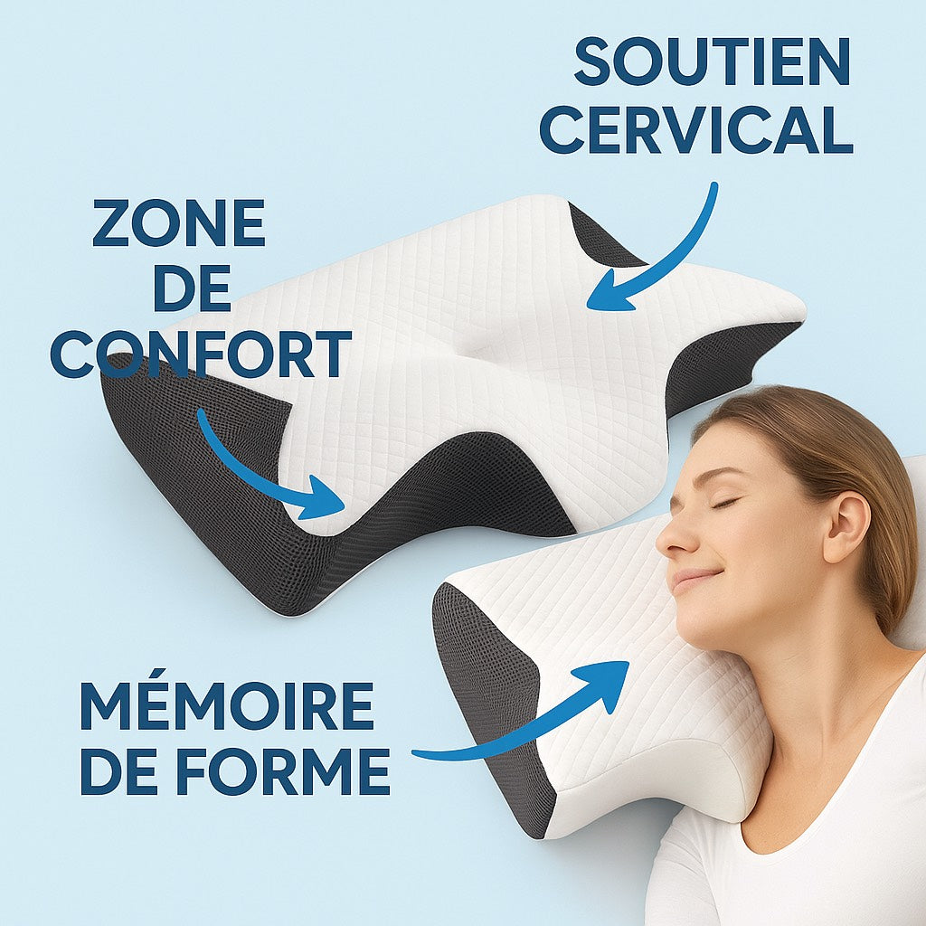 Oreiller  Ergonomique Cervical Mémoire de forme - Stop aux Douleurs Cervicales
