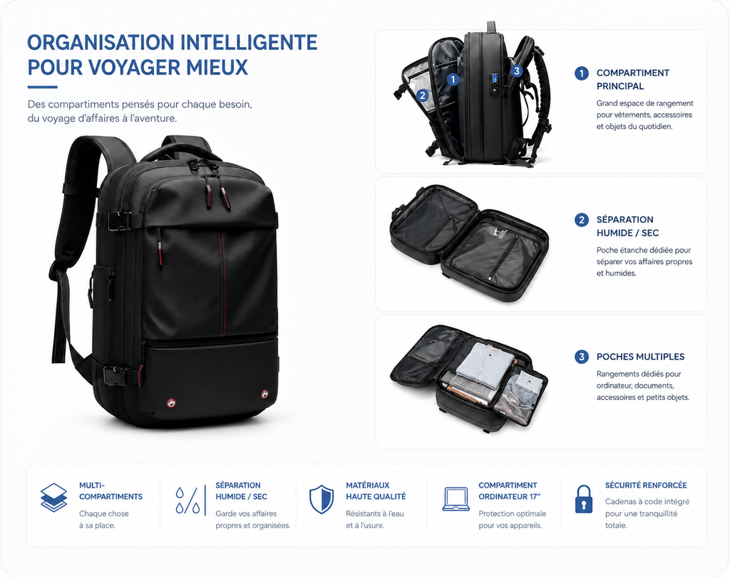 Sac à dos compressible 55L avec compartiment sous vide