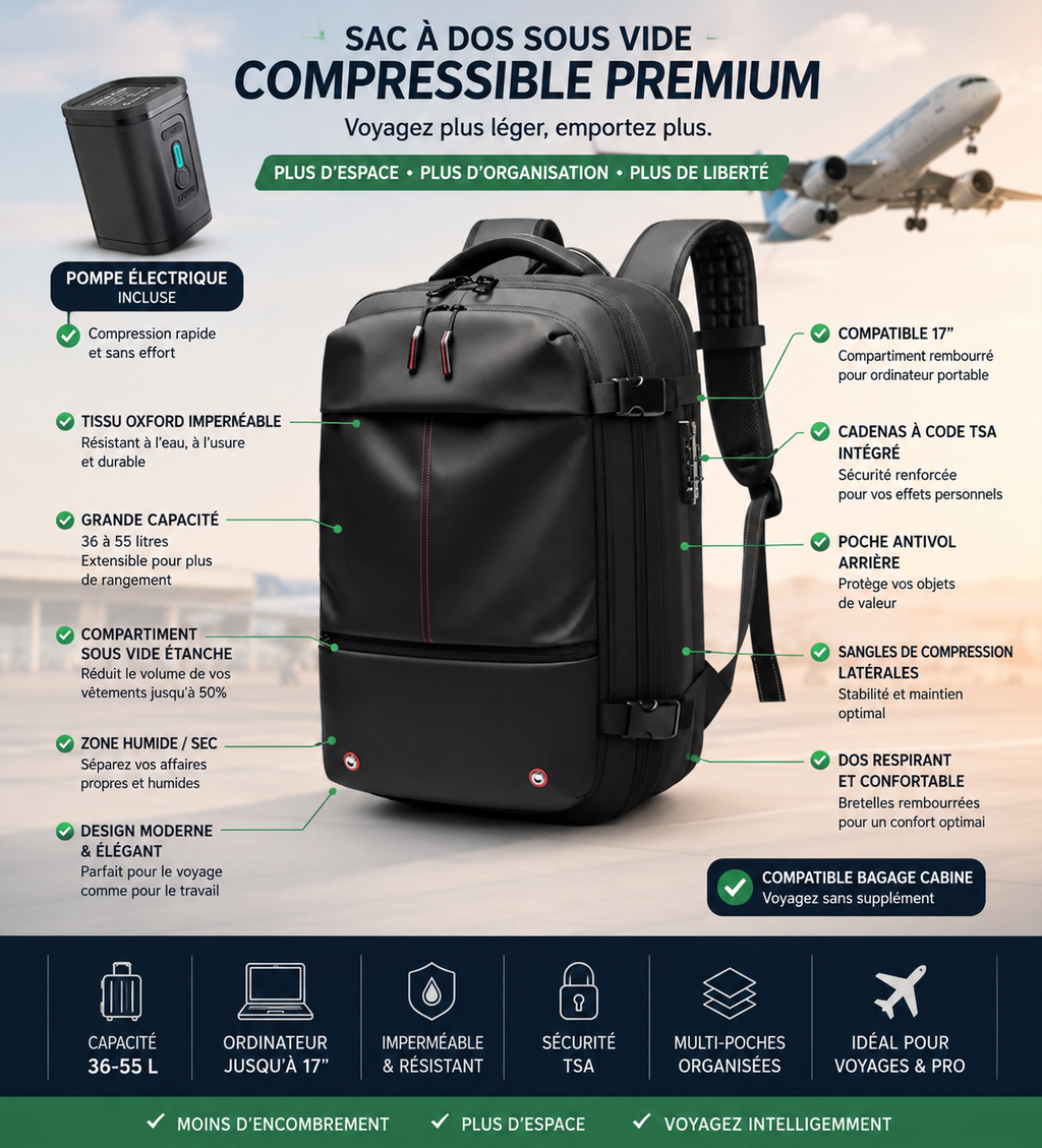 Sac à dos compressible 55L avec compartiment sous vide