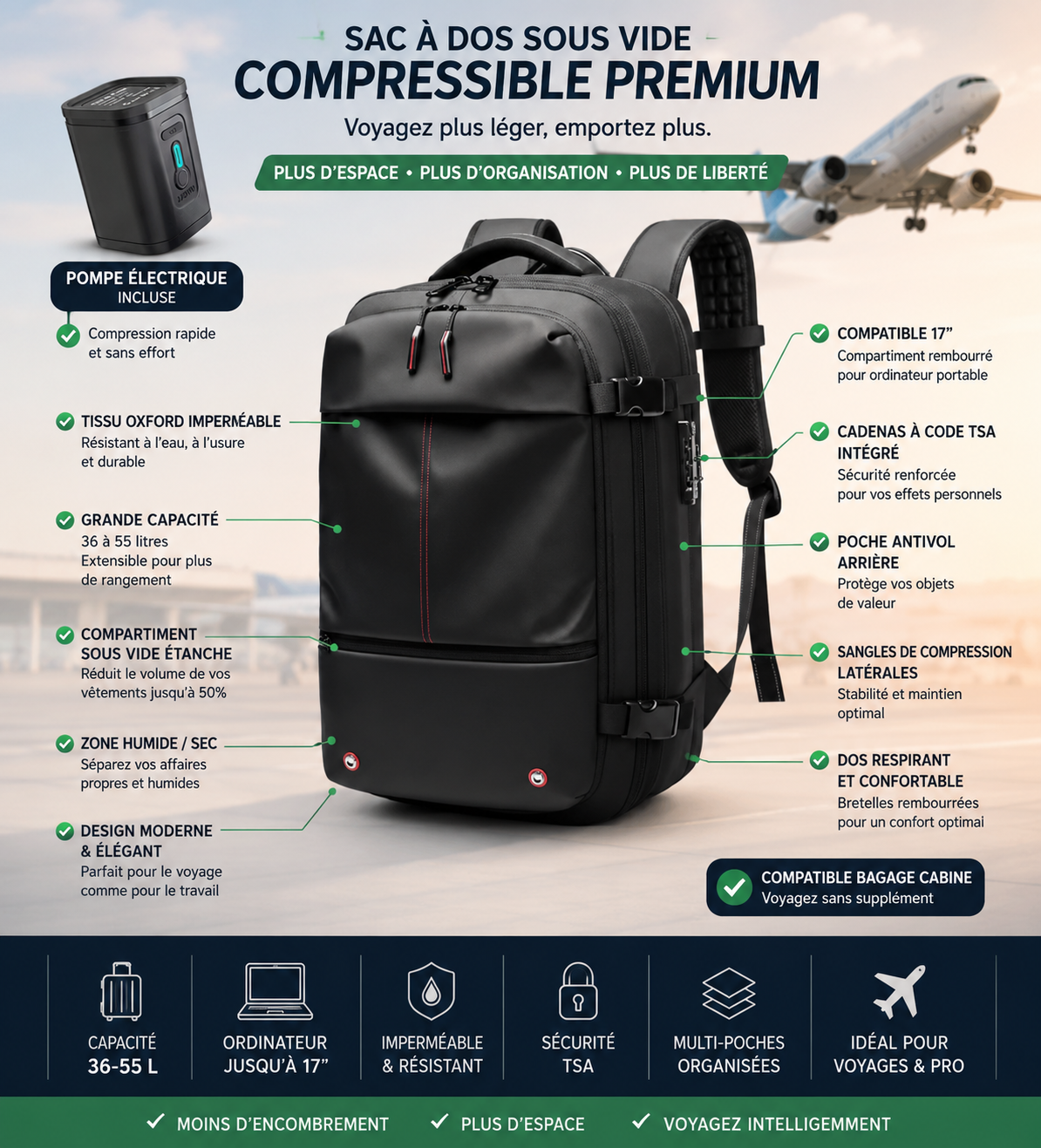 Sac à dos compressible 55L avec compartiment sous vide