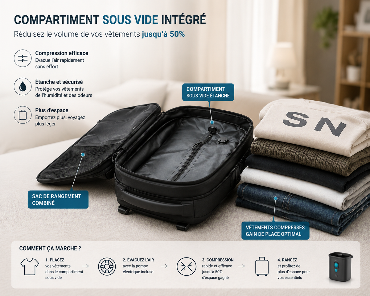 Sac à dos compressible 55L avec compartiment sous vide