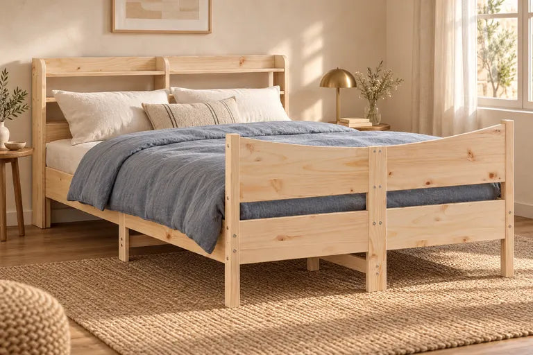 Cadre de Lit en Bois de Pin Massif avec Tête de Lit – 140×190 cm