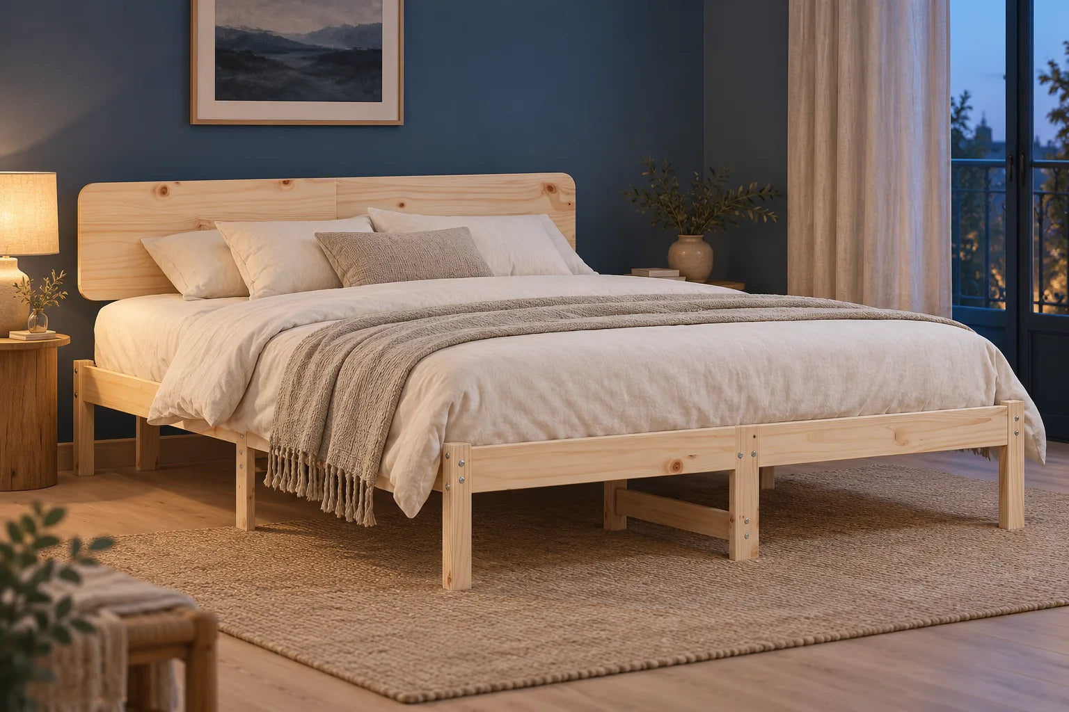 Cadre de lit bas en pin massif 160 × 200 cm, tête de lit pleine arrondie, chambre bleu nuit et literie ivoire non incluse.