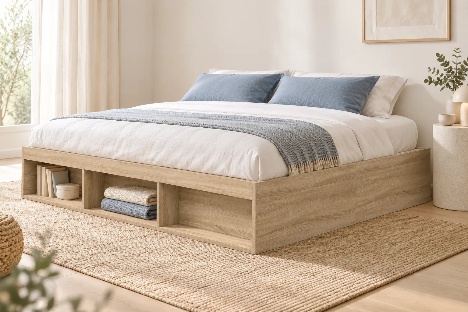Cadre de lit plateforme décor chêne sonoma avec trois niches visibles sur le côté, dans une chambre ivoire, matelas et décoration non inclus.