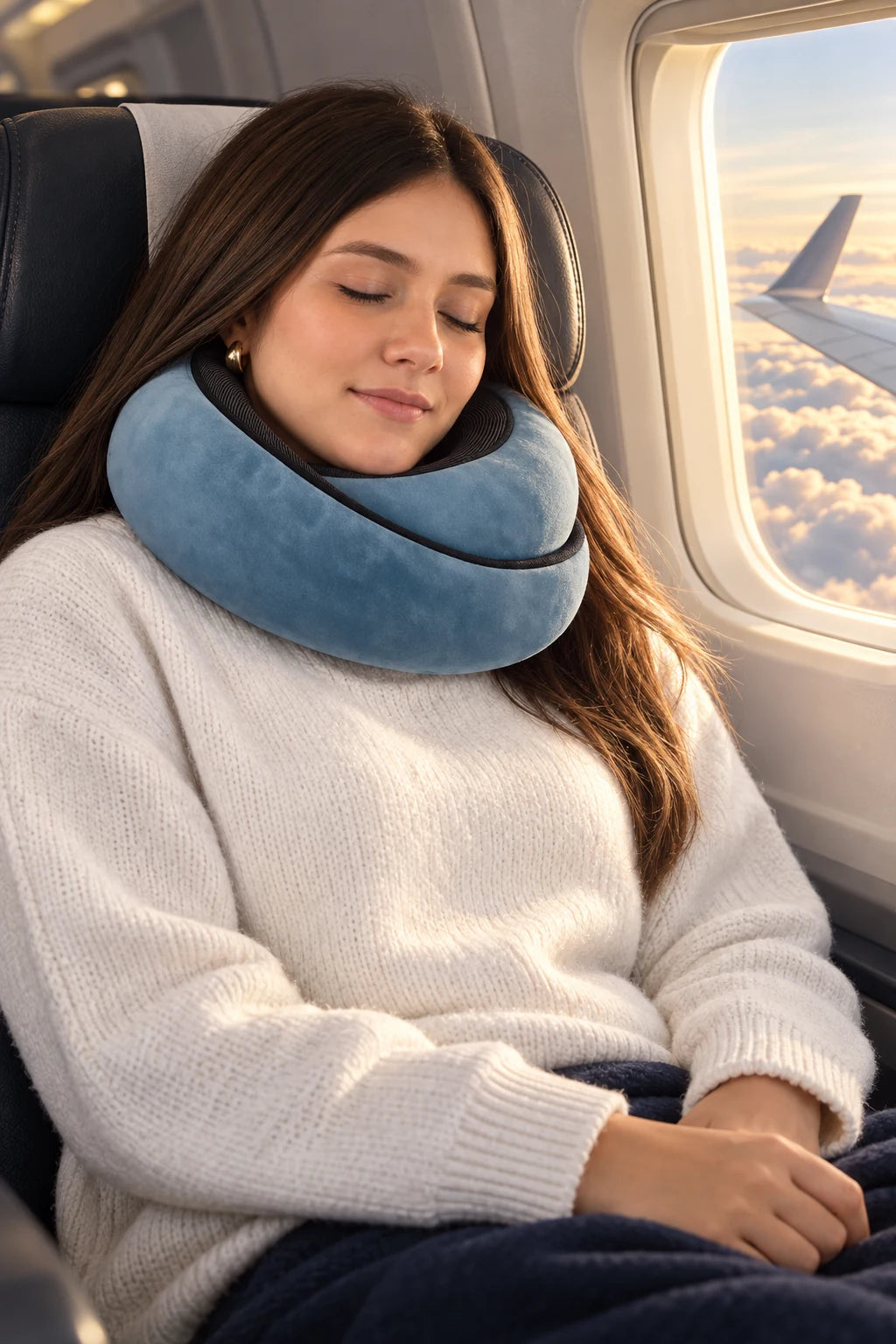 Une voyageuse endormie dans un avion avec l’Oreiller de Voyage bleu velours